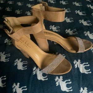 Nicole Miller Tan and Jeweled Block Heels